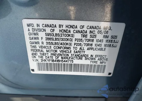 2006 Honda Pilot Ex from USA, damaged, VIN 2HKYF18416H544775